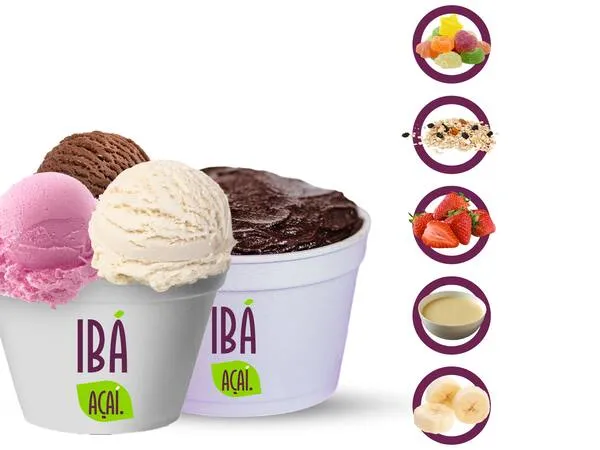 1 delicioso Açaí 355ml + 1 Sorvete 355 ml + 6 Acompanhamentos Grátis
